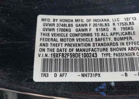 2013 Honda Civic Lx from USA, damaged, VIN 19XFB2F59DE100243